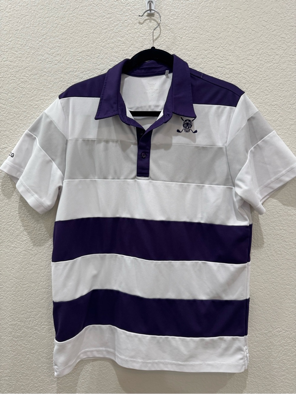 Chuco Golf Men’s M Performance Polo Purple White Stripe Moisture Wicking Stretch